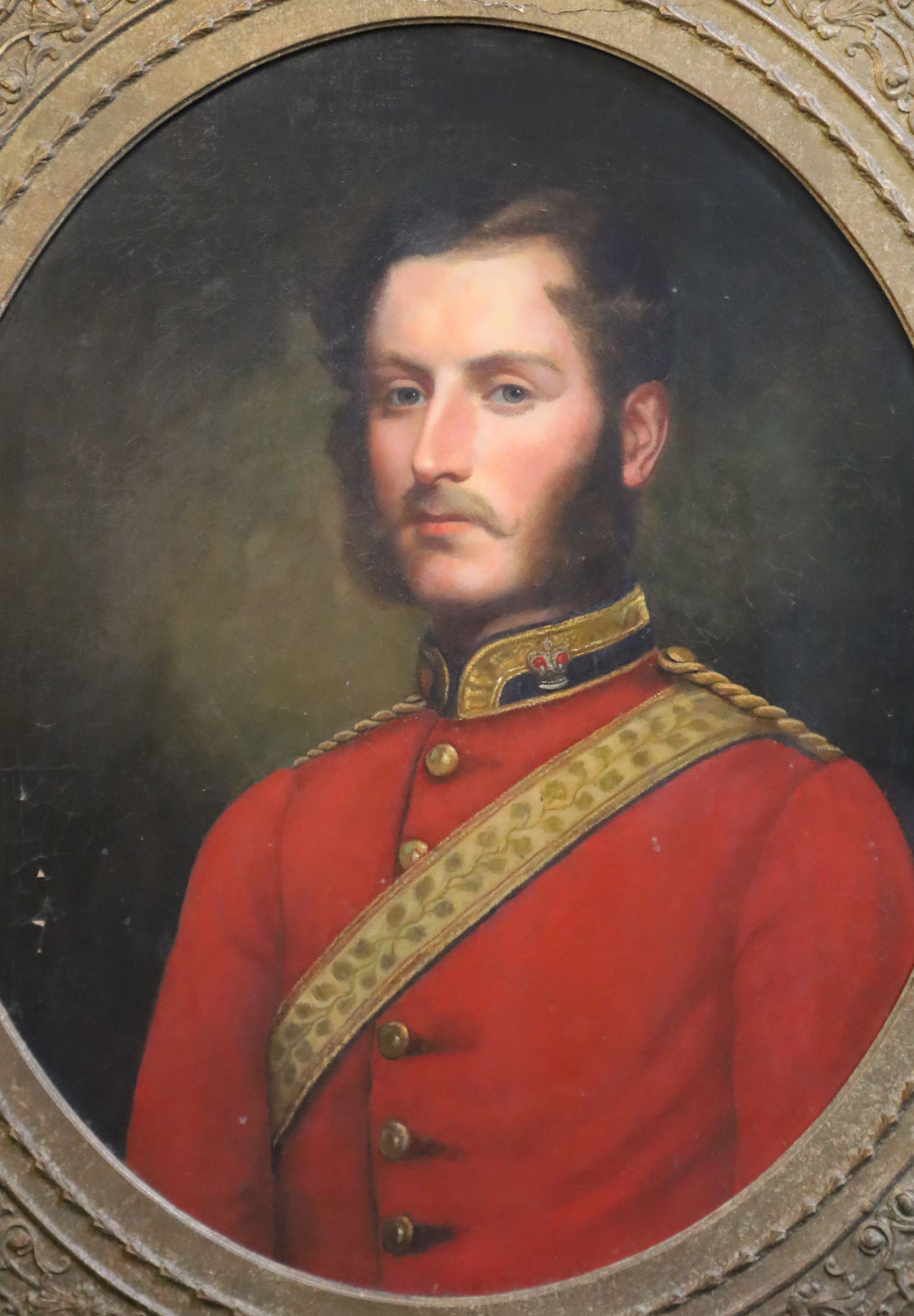 Victorian School Portrait of an army officer framed to the oval, 29.5 x 24.5in.